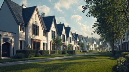Fototapeta premium Suburban street, houses, morning sun, green lawn, real estate