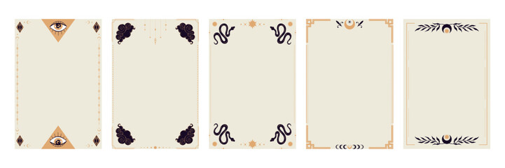Celestial esoteric boho frame borders. Tarot cards decorative templates with magical eye, swirl clouds, magical snakes and celestial elements