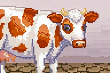Pixel art of a cow standing on grass against a clear blue sky with clouds.	