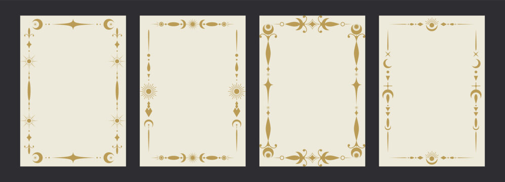 Tarot card border templates with space celestial elements and decorations. Celestial esoterical boho frame borders. Vector illustration