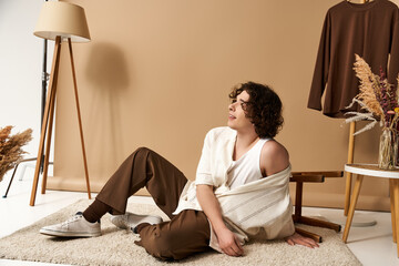 Stylish summer vibes with a young curly man in a creative studio setting