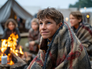 Young Boy Wrapped in Blanket at Campfire Surrounded by Friends in Outdoor Tent Scene