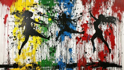 Fototapeta premium Three dynamic female figures leap across a vibrant, abstract background of bold colors and splatters