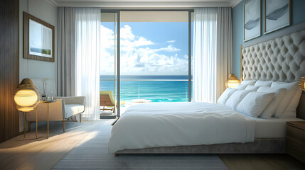 Bright and Spacious Bedroom with Sea View Featuring a Large Bed Blue Walls and White Curtains in a Modern Interior Design with Natural Light
