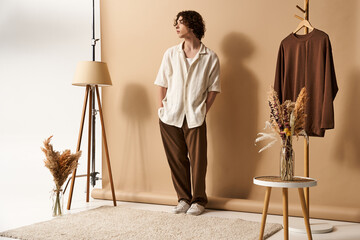 Stylish young man showcasing summer fashion in a modern studio setting