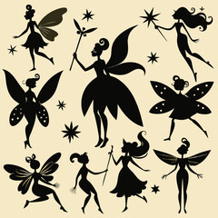 "Magical Fairy Silhouette Vector Collection with Moon, Forest, and Fantasy Elements for Storybooks and Art Projects"
