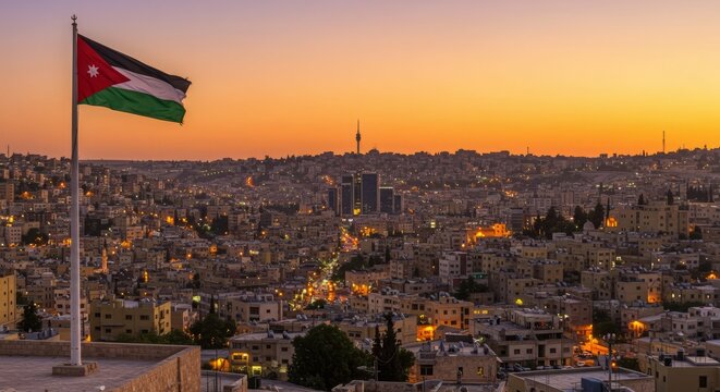 Fototapeta Amman Jordan cityscape at sunset with Jordanian flag waving proudly above