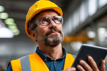 Construction Worker in Hard Hat and Safety Glasses Using Tablet for Project Management