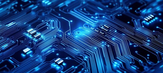 Obraz premium Abstract Futuristic Technology Background, Glowing Blue Circuit Board Lines with Depth of Field