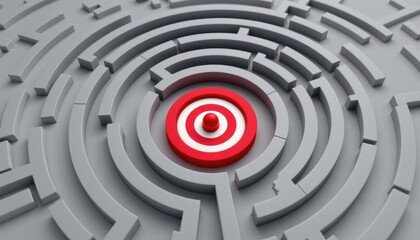 Target studio shot concept. A red target within a complex gray maze representing challenges and goals.
