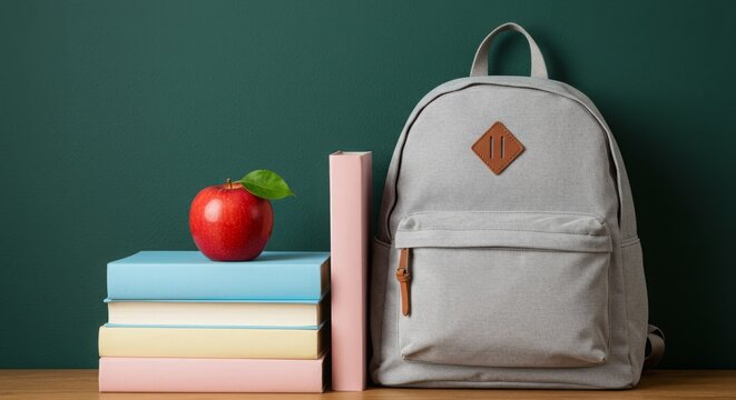 Back to school concept with apple on books and a backpack on desk - Powered by Adobe