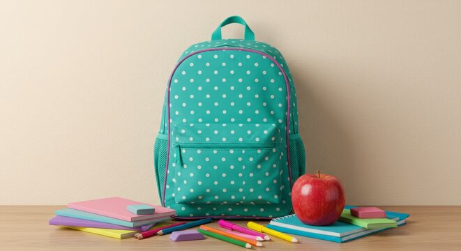 Back to school essentials backpack with supplies and apple on desk
