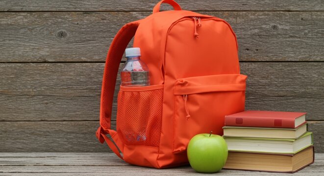 Back to school essentials orange backpack with books and apple ready