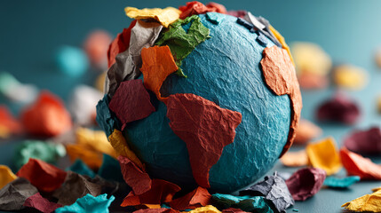 Naklejka premium Colorful Paper Mache Globe with Vibrant Colors and Textured Surface on Blue Background