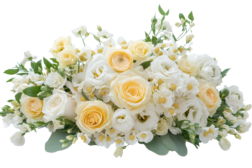 Beautiful mix of white and yellow flowers in bouquet isolated on white background for floral graphics