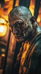Bloody and dirty miner emerging from dark mine shaft