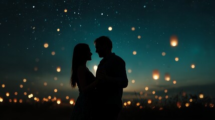 Obraz premium Couple embraces under a starry sky filled with glowing lanterns during a romantic evening
