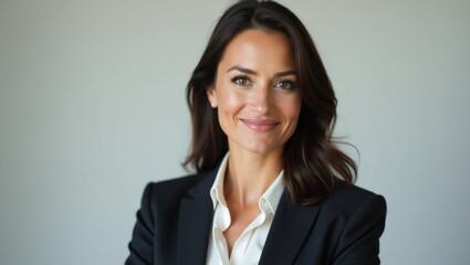 Confident and professional woman in business attire looking forward smiling