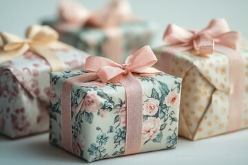 A grouping of small, intricately wrapped gifts with floral patterns