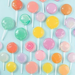 A bunch of colorful lollipops are lined up on a blue background