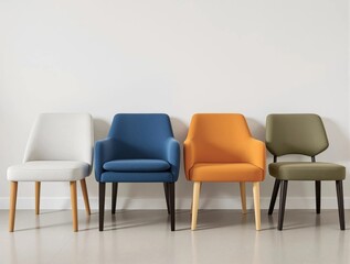 Four chairs are lined up in a row, with the first chair being white