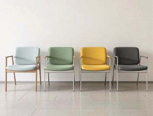 Four chairs are lined up against a wall