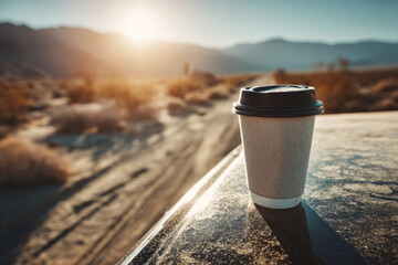 Takeaway coffee cup on car hood with scenic road in background. Morning coffee to go on vehicle. Travel coffee break during road trip