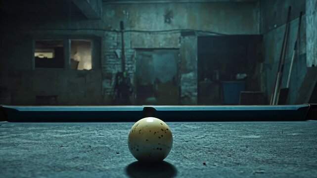 Abandoned pool table in a dimly lit basement
