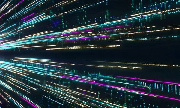Abstract data visualization with vibrant neon lines on a dark background.