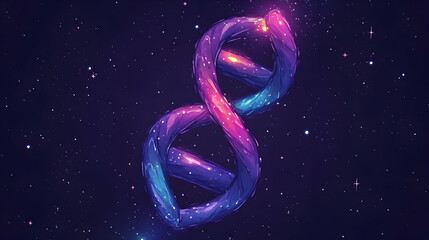 Obraz premium Abstract Pixelated Dna Double Helix in Purple Pink and Blue Gradient Colors with Scattered Stars on a Dark Background Illustrative Molecular Model