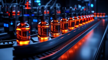 Fototapeta premium A close-up view of plastic bottles filled with orange liquid moving along an angled conveyor belt in a precision bottling line.