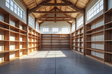Spacious Empty Library with Wooden Shelves and Natural Light