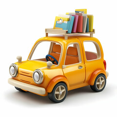 Cartoon Yellow Car with Books and Folders on Roof Rack Against White Background Depicts Travel and Transportation