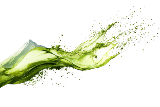 A dynamic splash of green tea powder isolated on white background offers fresh and organic visual flair