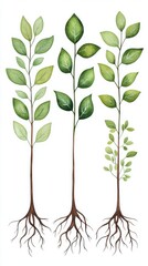 Fototapeta premium A watercolor painting collection showcases three detailed illustrations of lush green bushes with intricate root systems, depicting wild tangled growth in a botanical style.