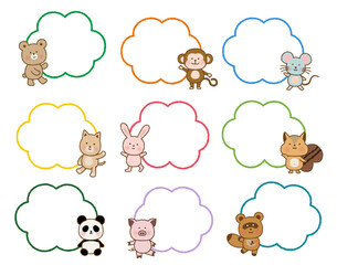 手書き風　かわいい動物たちのもこもこカラフルフレーム