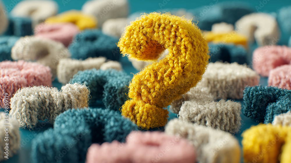 Poster close-up of a yellow question mark, textured like fluffy yarn, surrounded by similar question marks 