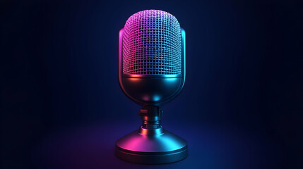 Chrome Microphone with Neon Pink and Blue Lighting Podcast Studio Equipment Broadcasting Vintage Vocal Performance Still Life