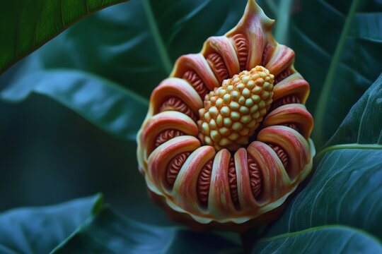 Close-up of a unique flower bud with intricate patterns.
