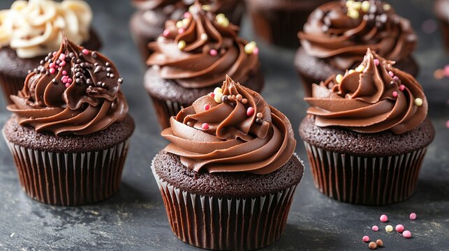 Delicious chocolate cupcakes with creamy frosting sprinkles food rich sweet treat brown sugar tasty