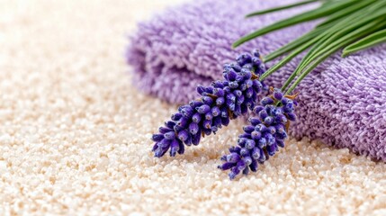 Fototapeta premium Purple Towel and Lavender Sprigs on Beige Textured Surface