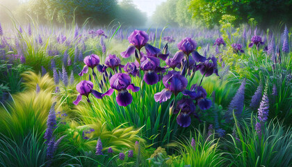 Obraz premium Purple Iris Flowers in a Lush Meadow