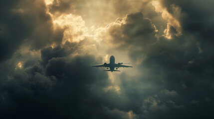 Naklejka premium A commercial airplane climbs through the clouds, symbolizing progress and human ambition in aviation.