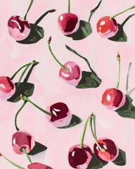 Bright cherries scattered on soft pink background, creating play