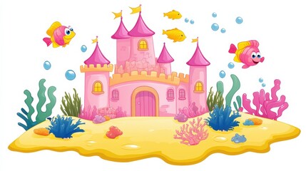 Cute Cartoon Underwater Castle with Colorful Fish and Coral Scene