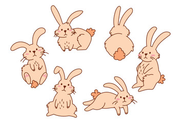 Set of Cute Fluffy Rabbits with Whiskers in Different Poses. Adorable Hand Drawn Bunny Illustrations. Playful Doodle Animals for Kids, Easter, Stickers, Prints, and Digital Projects