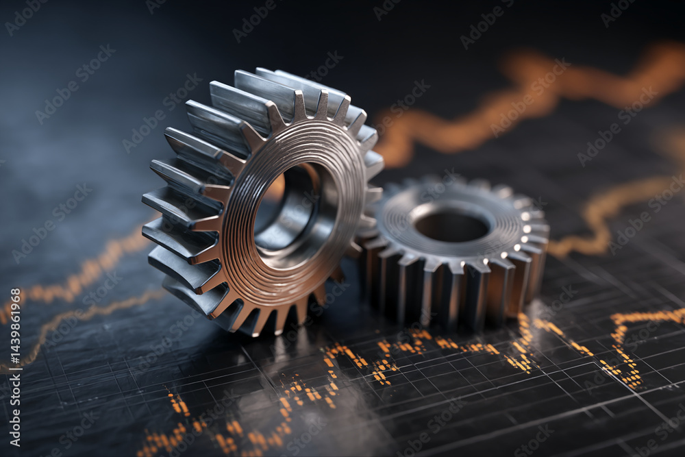 Poster close-up of metallic gears on a graph, showcasing precision engineering and business growth concept.