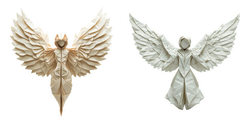 Obraz premium Origami angel sculptures with wings spread isolated on transparent PNG perfect for religious themes or peaceful holiday decorations