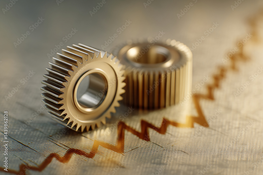 Poster close-up of golden gears on textured surface, showcasing interdependence and mechanism concept, idea