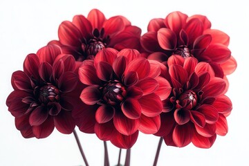A group of rich red dahlia flower heads isolated against a transparent backdrop
